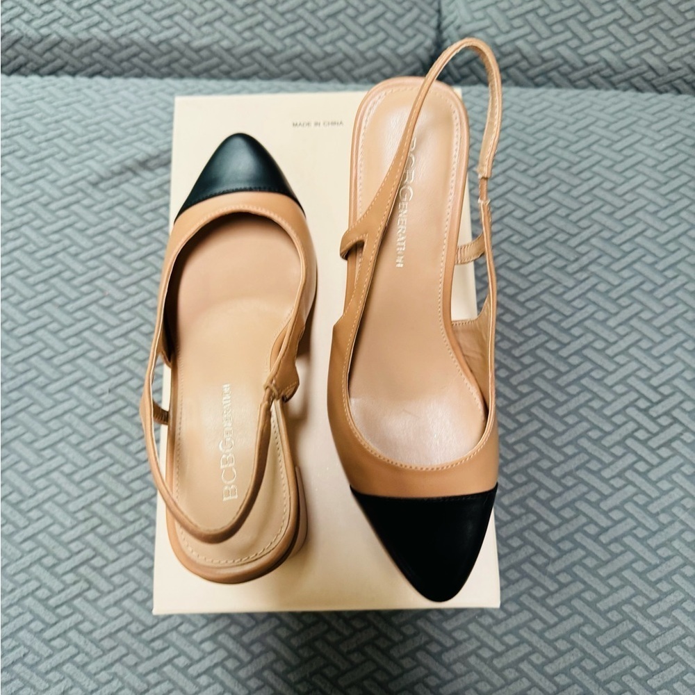 BCBGeneration Tan and Black Slingback Heels with Pointed Toe - Picture 8 of 13